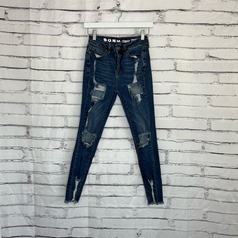 S.O.N.G Curvy High Rise Skinny Ankle Jeans Dark Wash Distressed Size 1/25 Y2K